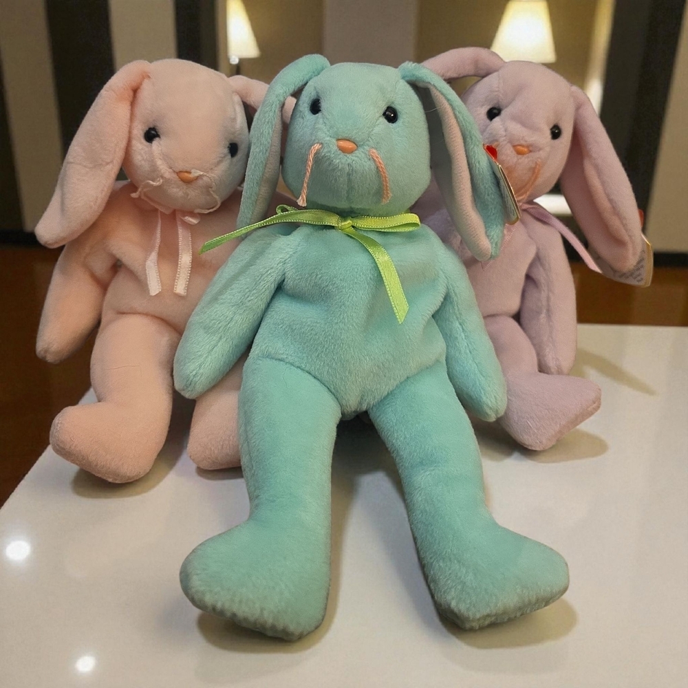 Ty Stuffed Bunny Trio - Pink, Mint, Lavender